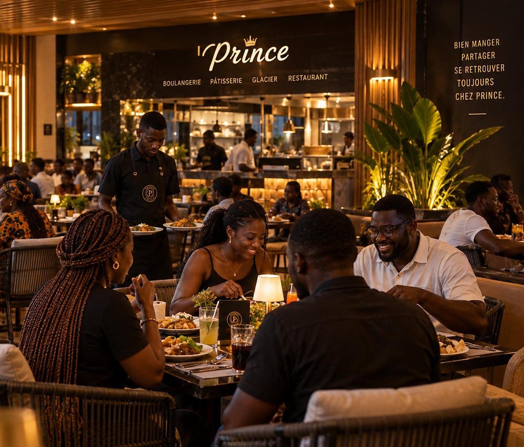 Salle du restaurant Prince le soir : convives à table, serveur en tablier, enseigne Prince en fond